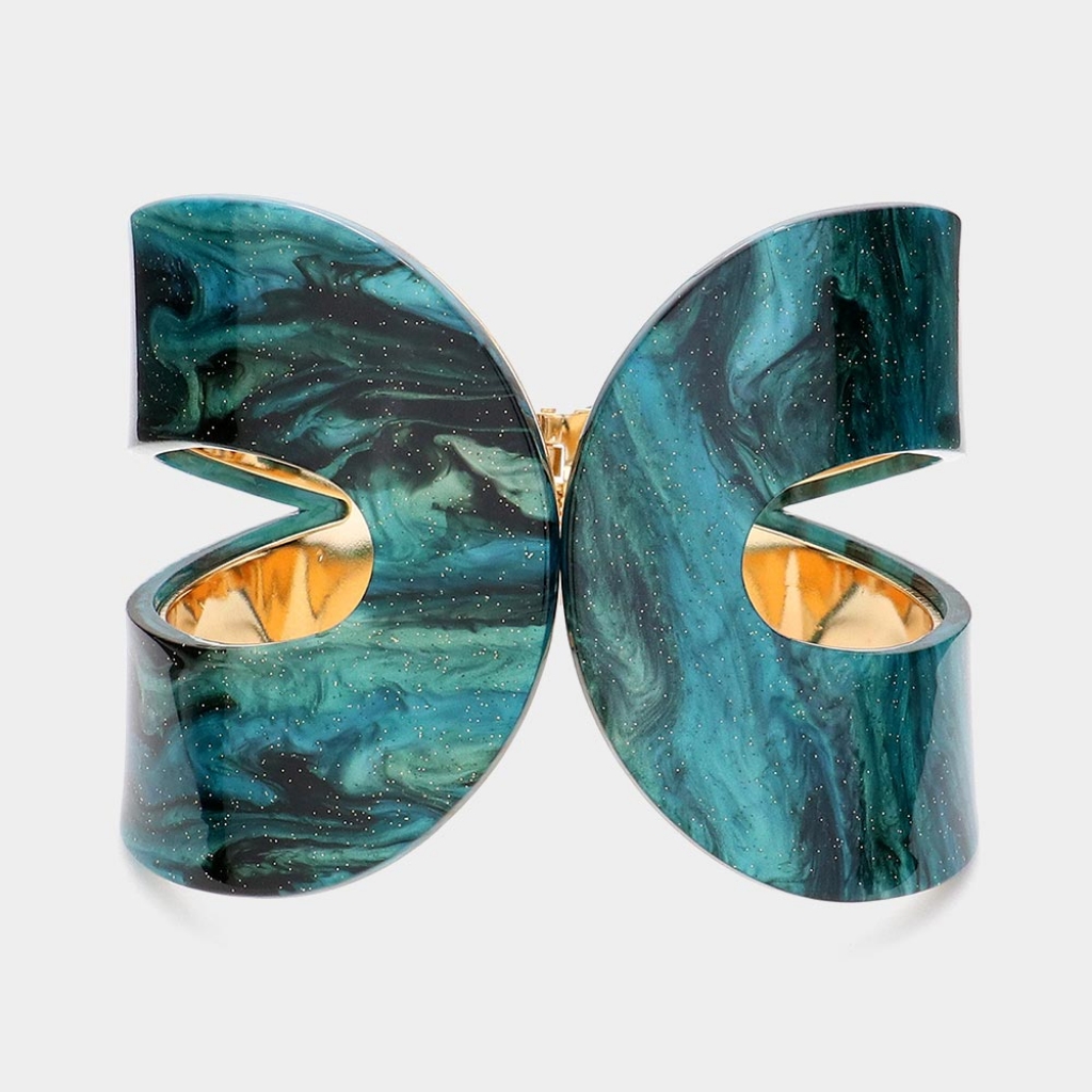 Green Resin Glittered Chunky Cuff Bracelet Bangle Bold Hinged Statement Jewelry